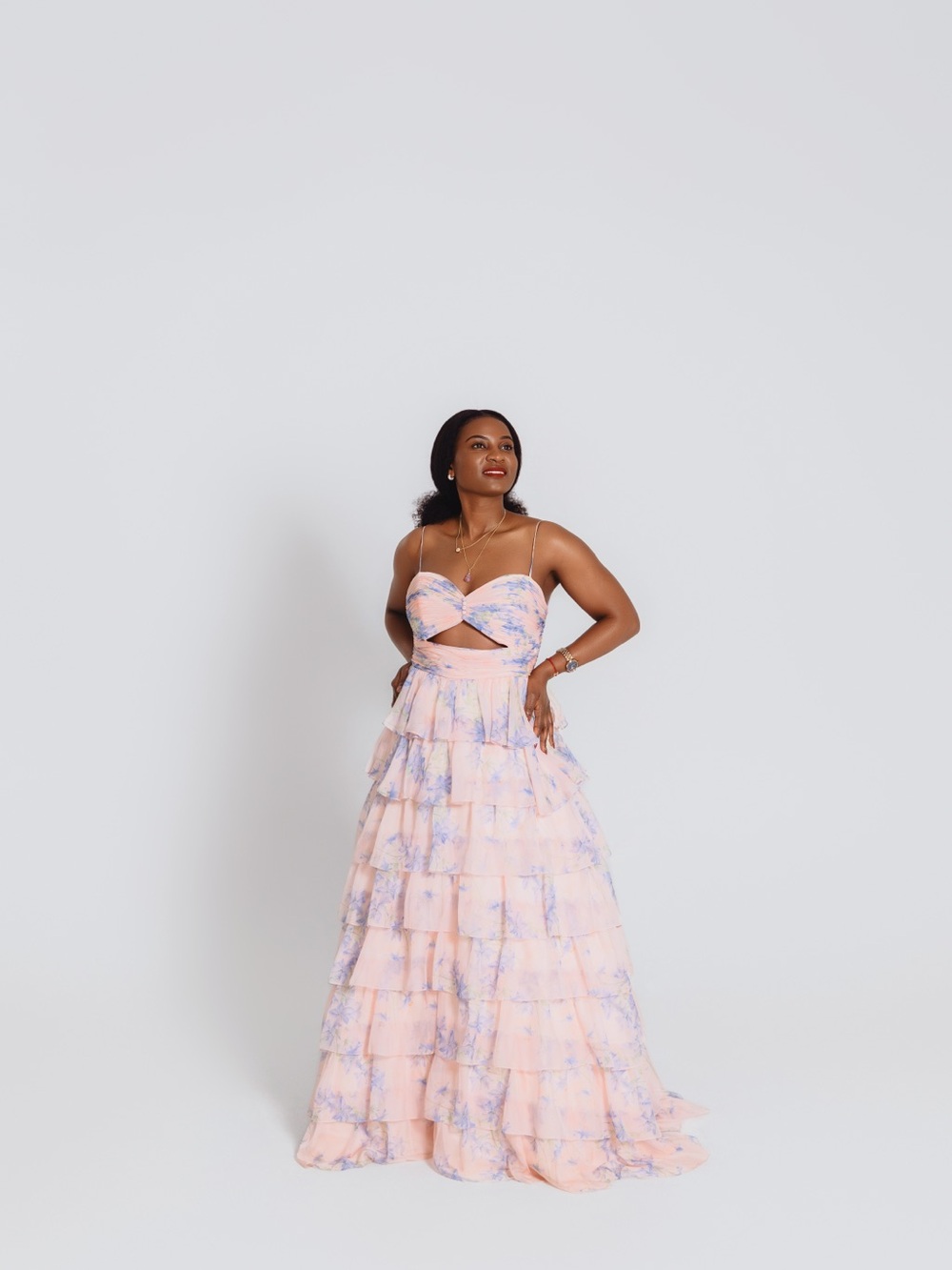 Mac Duggal Pastel Pink and Lavender Floral Tiered Prom Gown